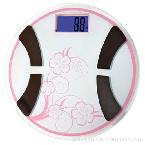 Round digital body fat analyzers, CE/RoHS, tempered glass platform, big LCD screen with backlightNew